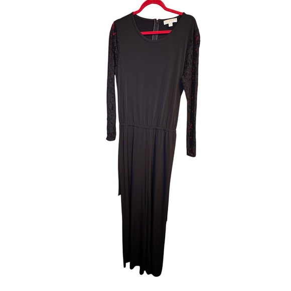 Michael Kors Pants - Michael Kors Womens Black Long Lace Sleeve Belted Jumpsuit Size L Crew Neck
